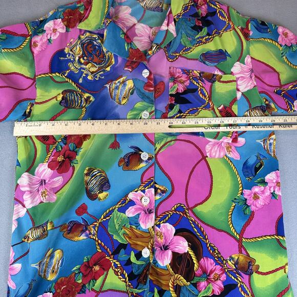 Vintage Bella Camicie Shirt Womens Small Silk Hawaiian Floral Fish Print 90s - Picture 5 of 13